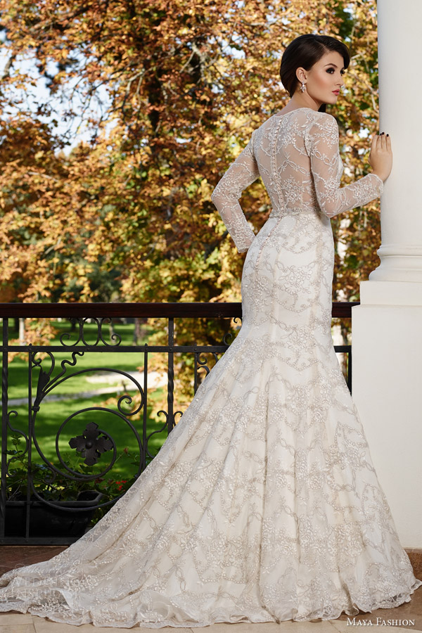 maya bridal 2015 limited collection e03 illusion neckline long sleeve trumpet wedding dress lace embroidery back view train