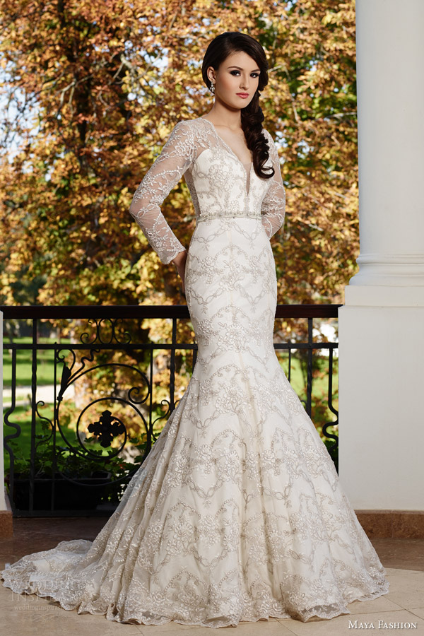 maya bridal 2015 limited collection e03 illusion neckline long sleeve trumpet wedding dress lace embroidery