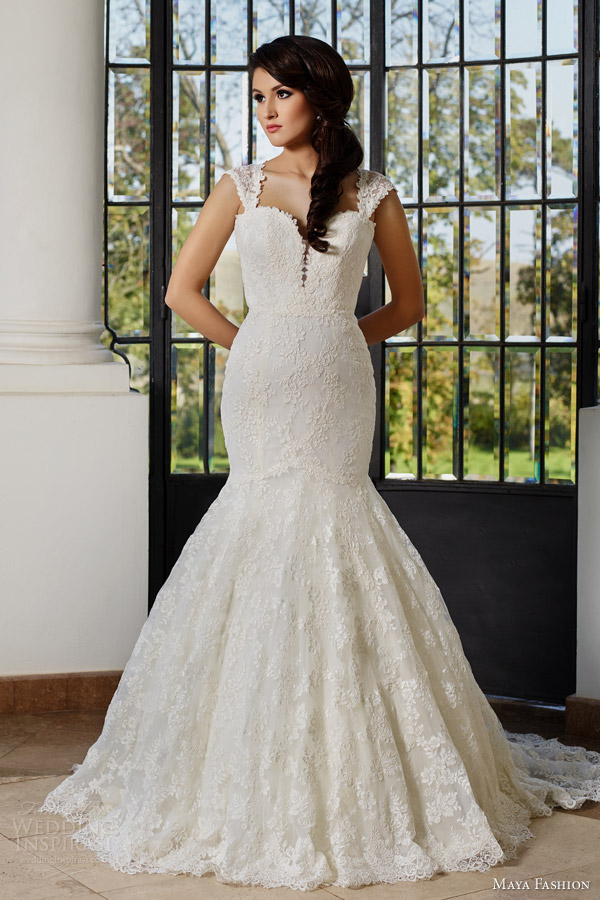 maya bridal 2015 limited collection e06 lace mermaid wedding dress mini cap sleeves straps sweetheart neckline