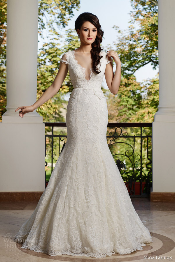maya bridal 2015 limited collection e07 wedding dress illusion cap sleeves deep v neckline trumpet mermaid silhouette