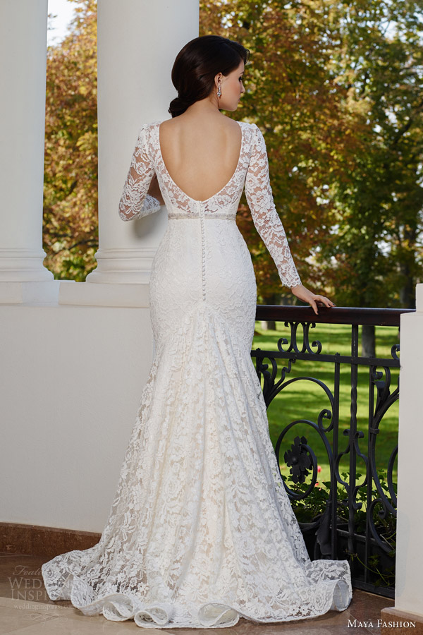 maya bridal 2015 limited collection e13 illusion neckline long sleeve lace wedding dress scoop back view train