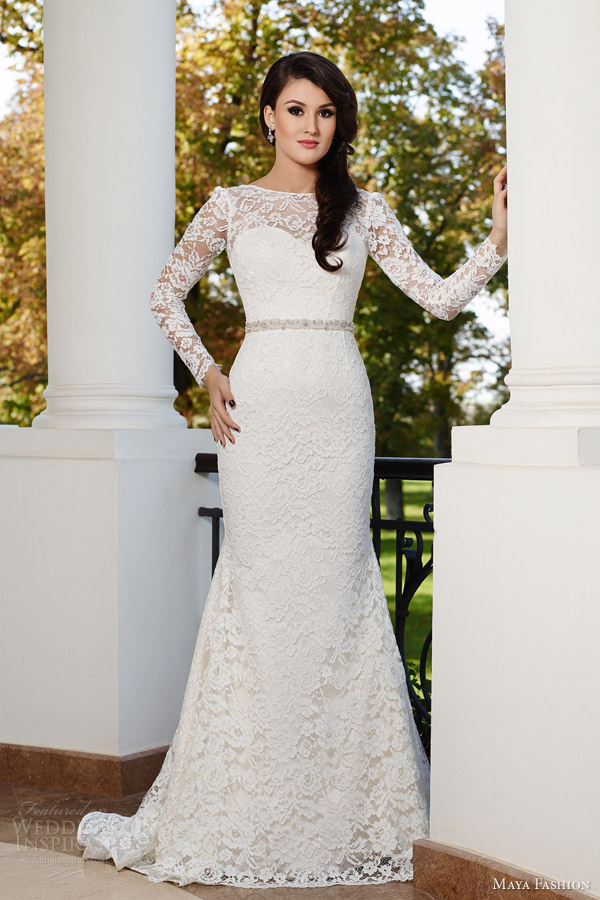 maya bridal 2015 limited collection e13 illusion neckline long sleeve lace wedding dress