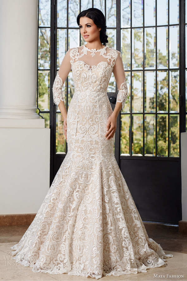 maya fashion 2015 bridal e01 three quarter sleeve illusion neckline mermaid wedding dress