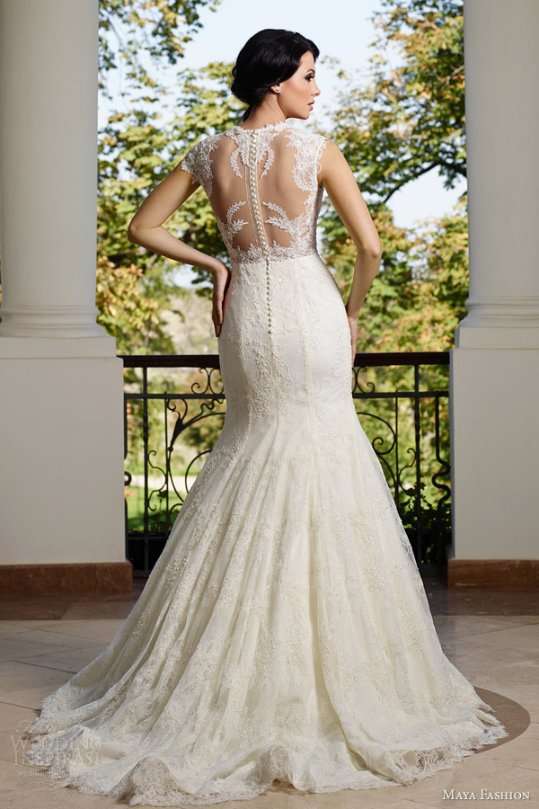 maya fashion 2015 bridal e04 cap sleeve wedding dress trumpet silhouette back view