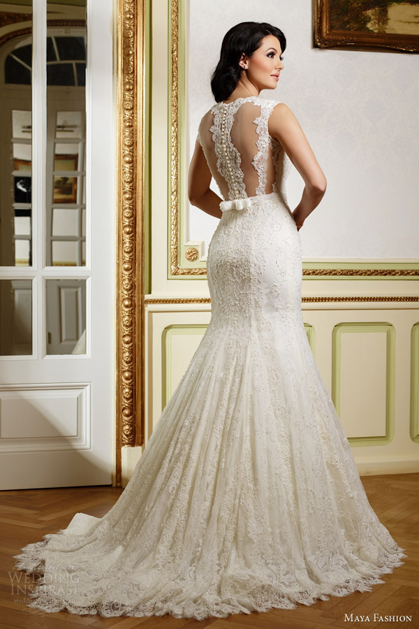 maya fashion 2015 limited bridal collection e02 cap sleeve lace trumpet wedding dress illusion back view train