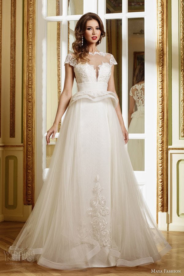 maya fashion 2015 limited bridal collection e05 cap sleeve full aline wedding dress illusion neckline structured peplum