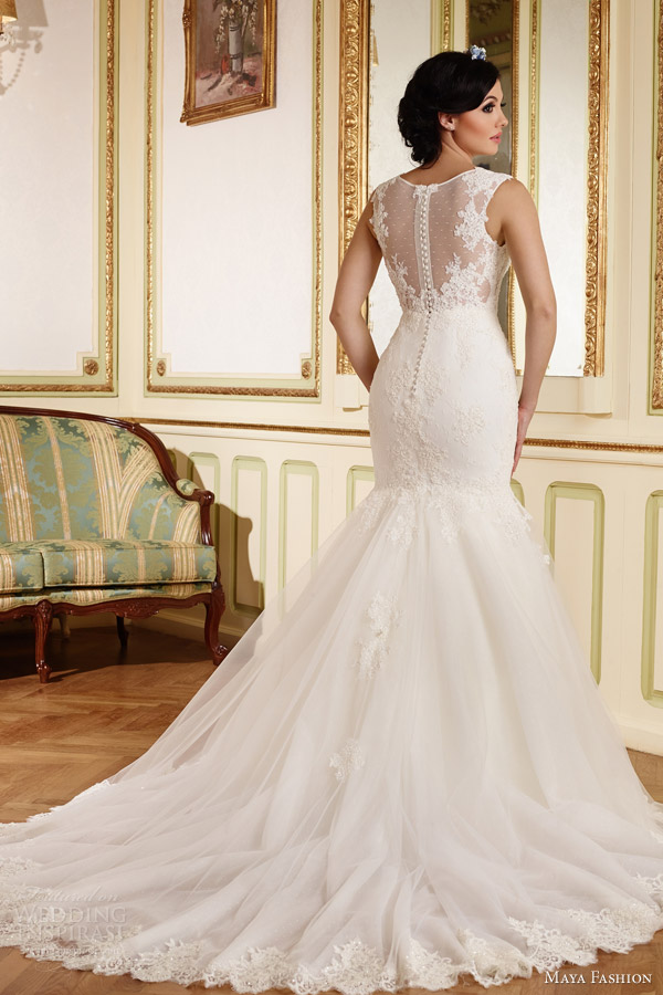 maya fashion 2015 limited bridal collection e08 sleeveless mermaid wedding dress illusion neckline back train view