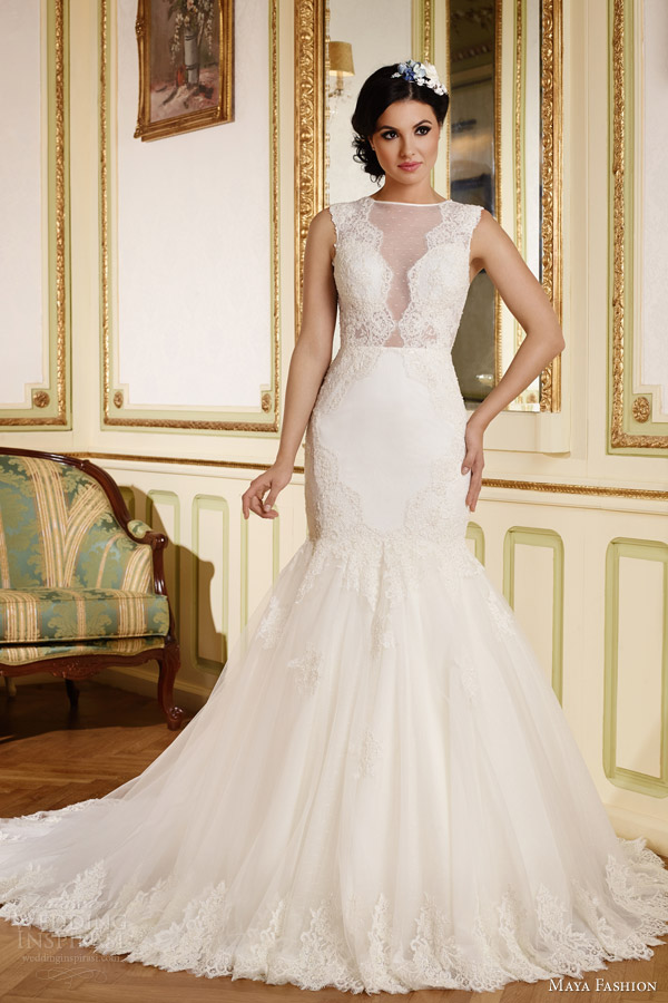 maya fashion 2015 limited bridal collection e08 sleeveless mermaid wedding dress illusion neckline