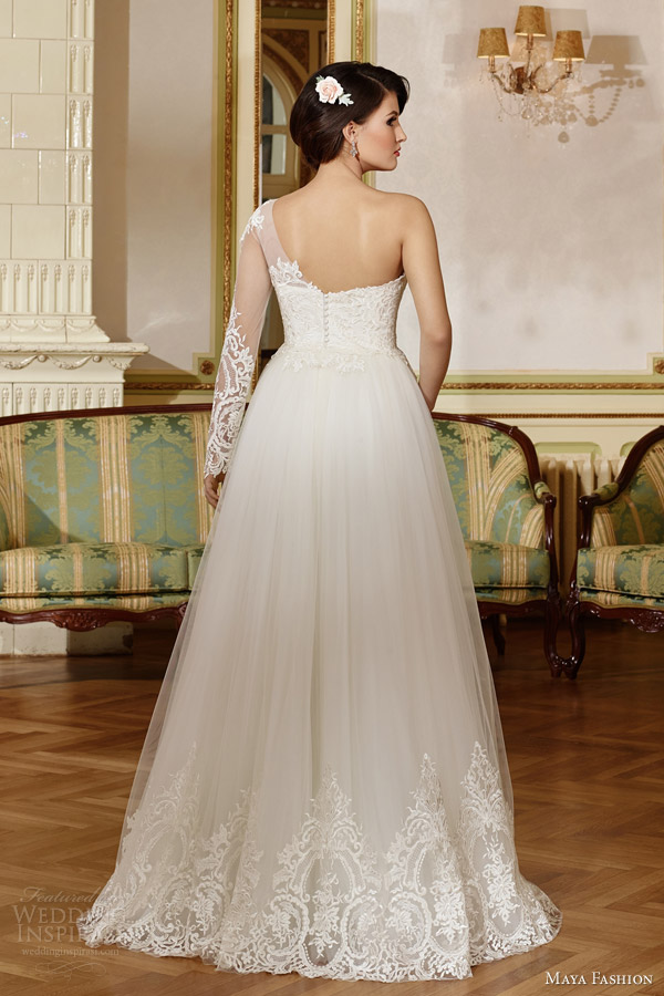 maya fashion 2015 limited bridal collection e09 one shoulder illusion long sleeve lace wedding dress back view