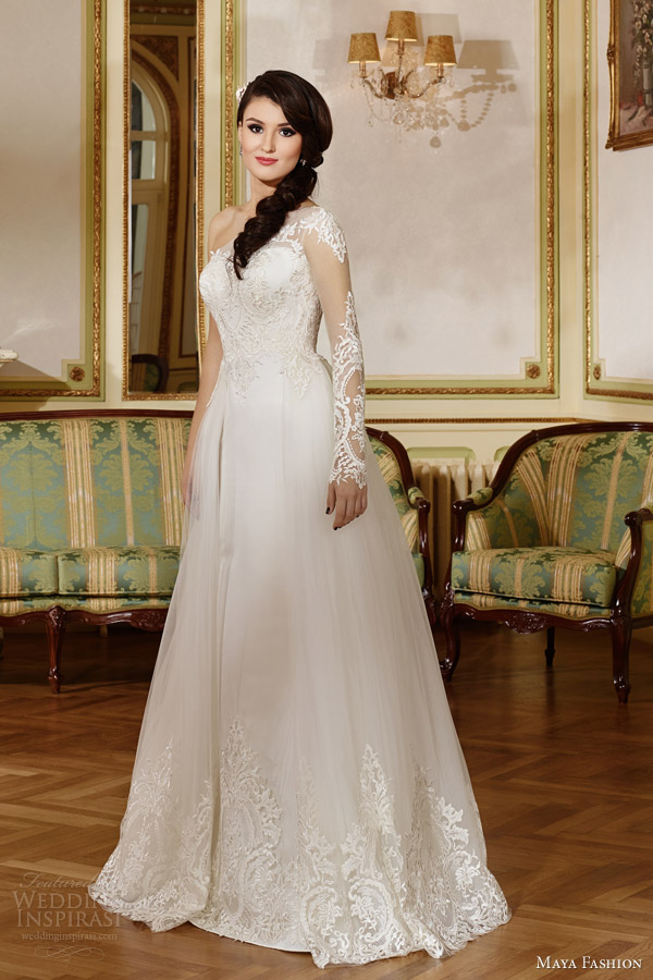 maya fashion 2015 limited bridal collection e09 one shoulder illusion long sleeve lace wedding dress