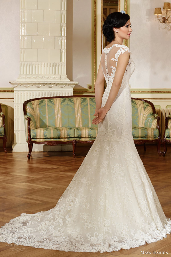 maya fashion 2015 limited bridal collection e10 cap sleeve trumpet wedding dress sweetheart neckline lace side view