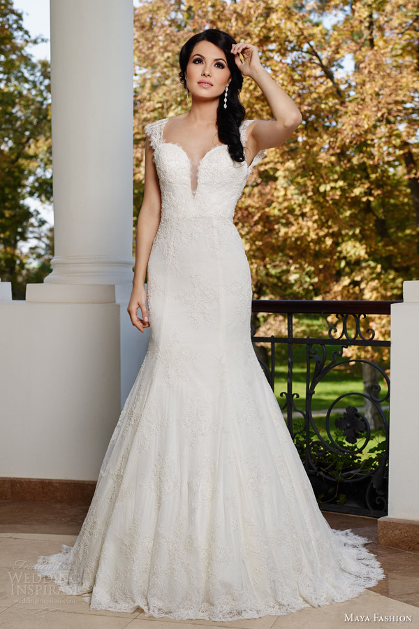 maya fashion 2015 limited bridal collection e11 cap sleeve lace trumpet mermaid wedding dress split sweetheart neckline