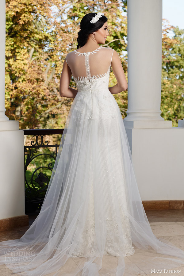 maya fashion 2015 limited bridal collection e12 illusion neckline wedding dress sheer overlay skirt back view train