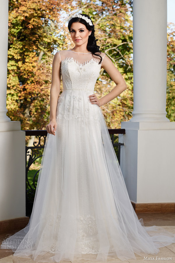 maya fashion 2015 limited bridal collection e12 illusion neckline wedding dress sheer overlay skirt