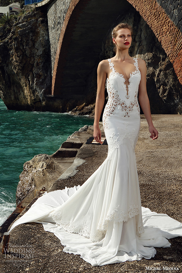 michal medina spring 2016 bridal flora spagetti strap plunging deep neckline low u cut back trumpet mermaid wedding dress mira