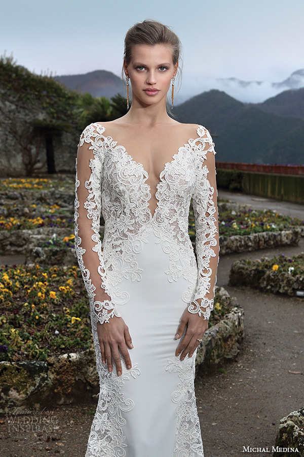 michal medina spring 2016 bridal long sleeves deep plunging v neckline lace filigree sheath wedding dress michele