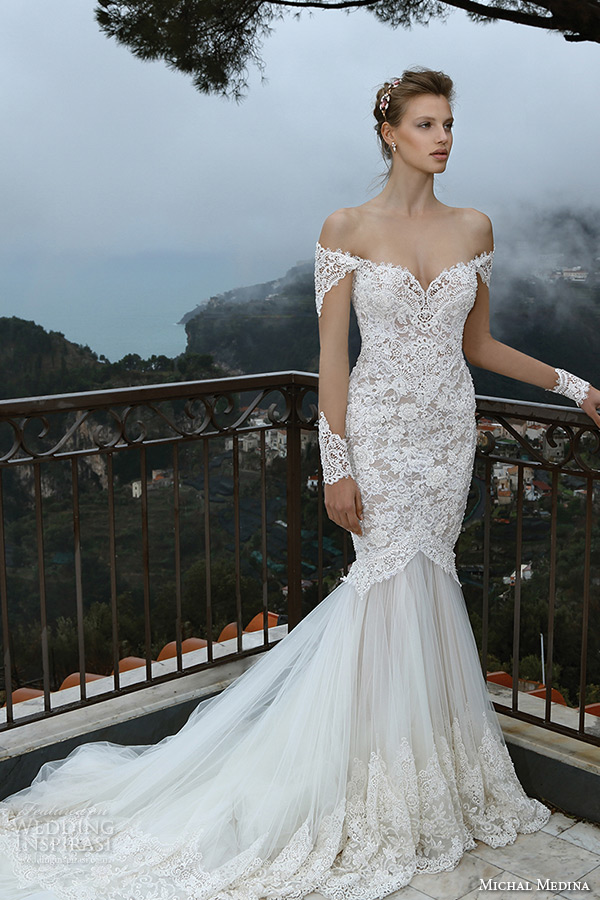 michal medina spring 2016 bridal off the shoulder lace trumpet mermaid wedding dress mia