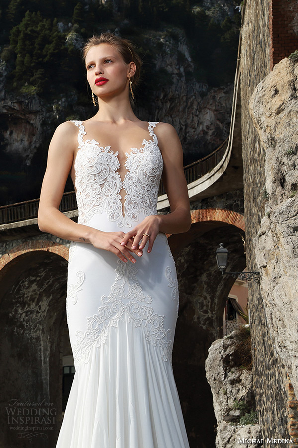 michal medina spring 2016 bridal plunging deep neckline filigree embroidered fit to flare sheath wedding dress margaret closeup