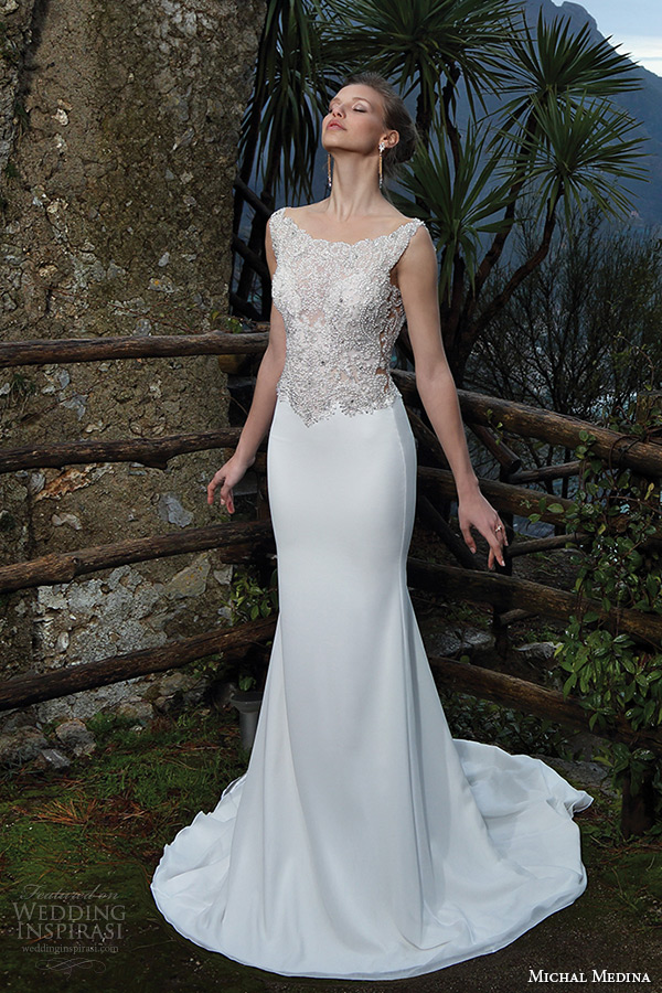 michal medina spring 2016 bridal sleeveless bateau boat neckline beaded bodice a line sheath wedding dress miranda