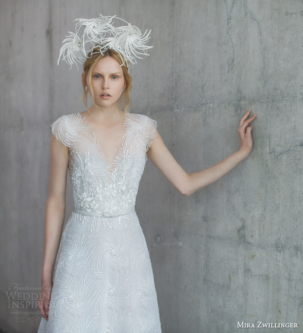 mira zwilinger 2016 stardust bridal mila cap sleeve beaded wedding dress lace applique shown with hand embroidered crystal belt