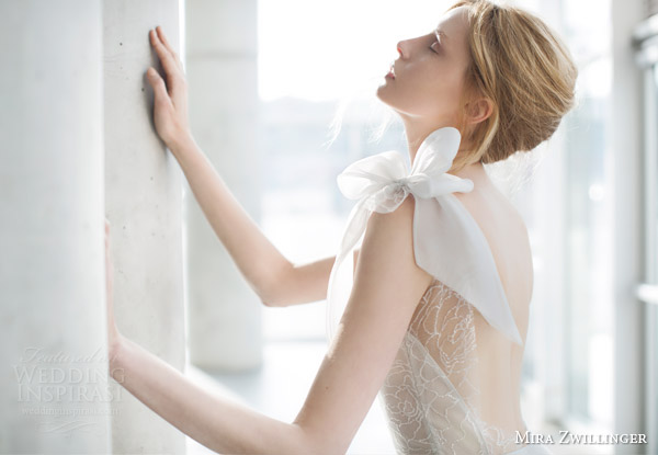 mira zwilinger 2016 stardust bridal tonya sleeveless wedding dress delicate flower pattern organza bow shoulder close up