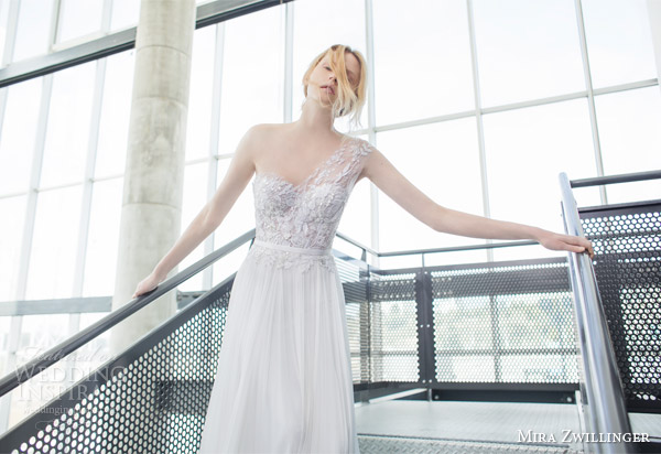 mira zwilinger bridal 2016 stardust crystal one shoulder wedding dress hand pleated silk chiffon lace bodice view mira zwilinger bridal 2016 stardust crystal one shoulder wedding dress hand pleated silk chiffon lace bodice view