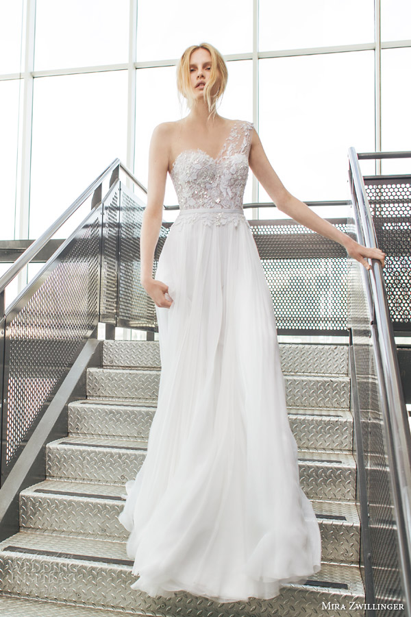 mira zwilinger bridal 2016 stardust crystal one shoulder wedding dress hand pleated silk chiffon lace bodice