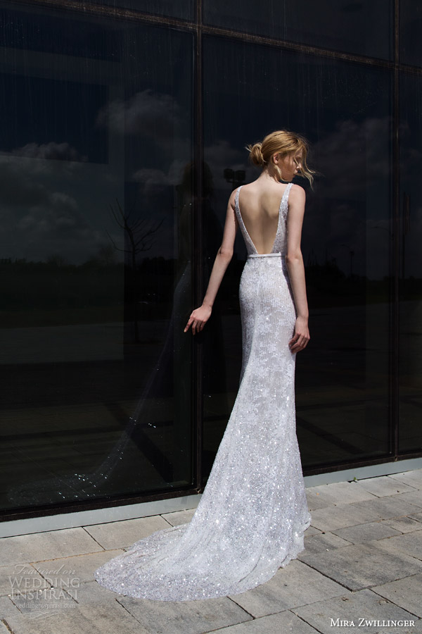 mira zwilinger bridal 2016 stardust elle sequin lace v neck sleevelesss wedding dress back view train