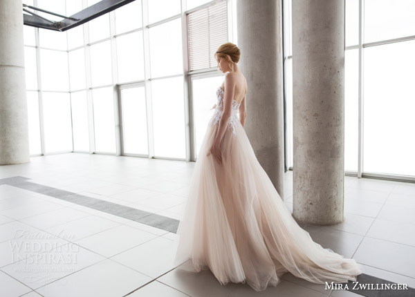 mira zwilinger bridal 2016 stardust fiona strapless blush layered tulle wedding dress white hand embroidered guipure flowers organza bow belt full view