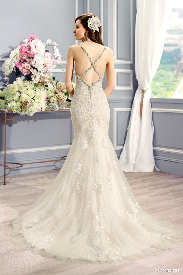 moonlight couture bridal fall 2016 h1281 sleeveless sheath wedding dress swarovski beaded criss cross straps back view train