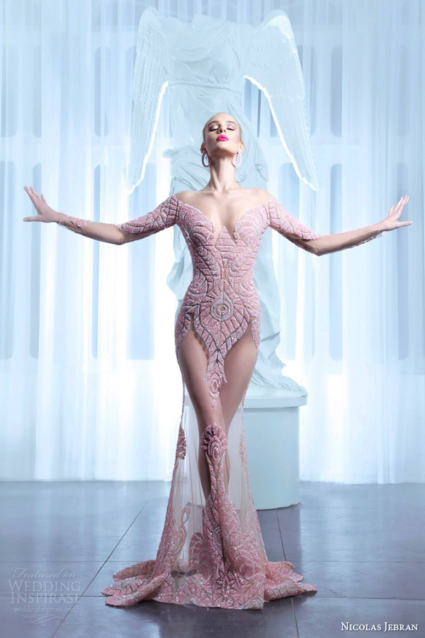 nicolas jebran couture spring 2015 pink illusion neckline long sleeve trumpet gown