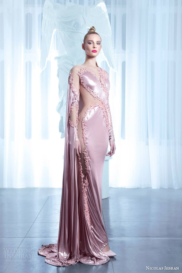nicolas jebran couture spring 2015 pink illusion sheath gown cape