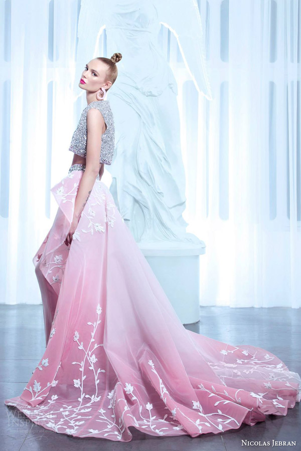 nicolas jebran couture spring summer 2015 crop top pants high low overskirt ombre pink flower appliques