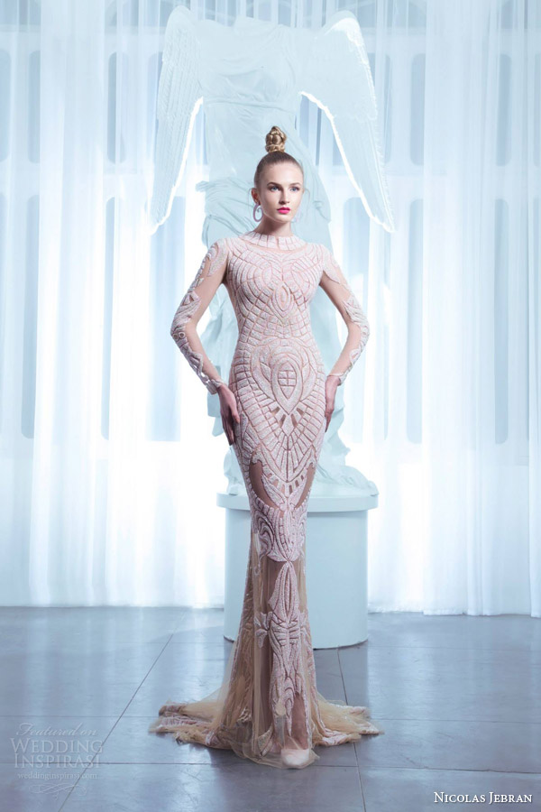 nicolas jebran couture spring summer 2015 illusion long sleeve trumpet gown pink