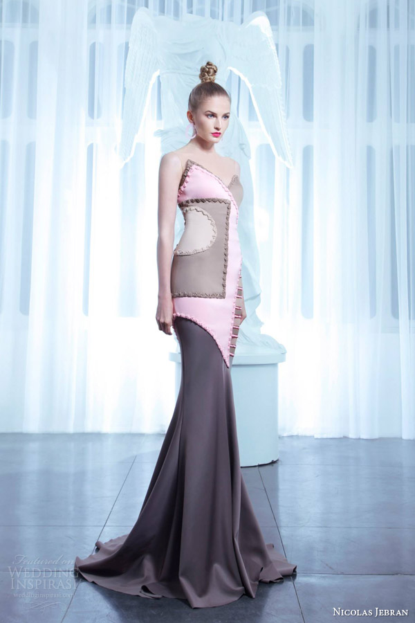 nicolas jebran couture spring summer 2015 illusion sleeveless neckline patchwork pink grey gown