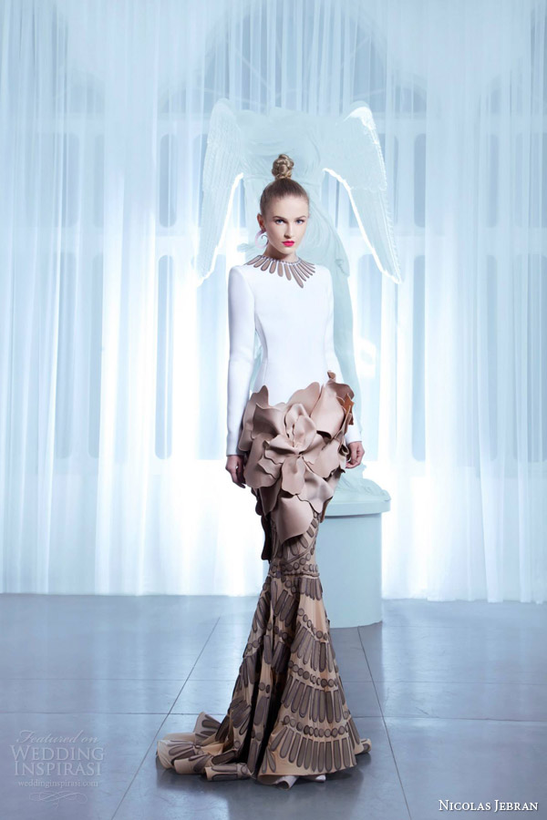 nicolas jebran couture spring summer 2015 long sleeve white top petal skirt gown