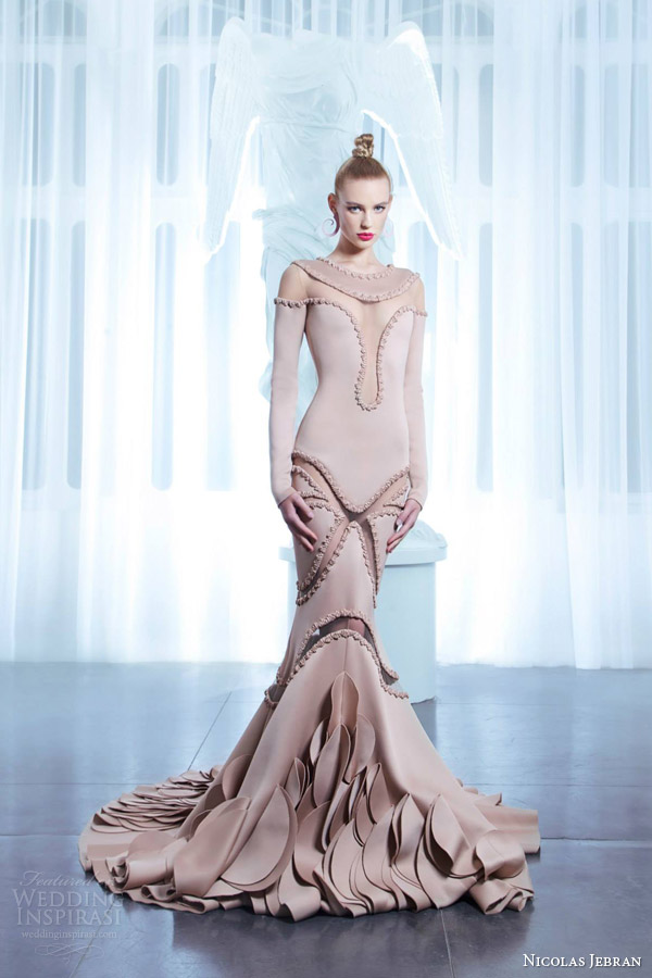 nicolas jebran haute couture spring 2015 long sleeve powder gown illusion neckline
