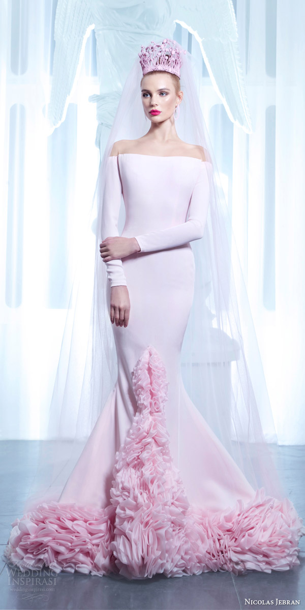 nicolas jebran spring 2015 couture pink off shoulder long sleeve mermaid gown ruffle hem tiara