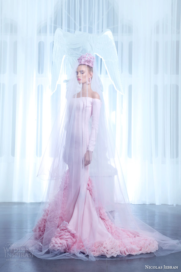 nicolas jebran spring 2015 couture pink off shoulder long sleeve mermaid gown ruffle hem veil side view