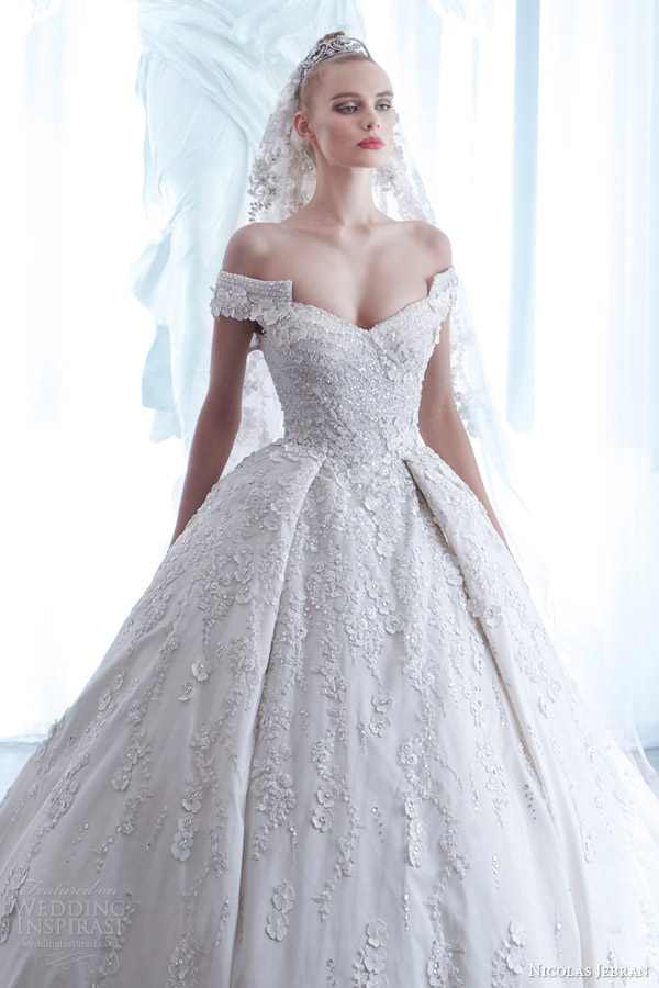 nicolas jebran spring 2015 couture wedding dress off shoulder sleeves ball gown silhouette bodice close up