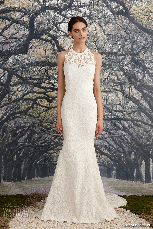 nicole miller spring 2016 bridal halter neck sleeveless fit to flare wedding dress ashley