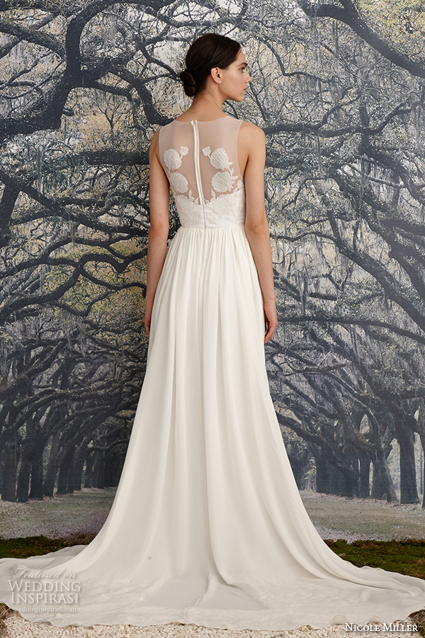 nicole miller spring 2016 bridal scoop neckline sleeveless flora embroidered sheath wedding dress savannah back