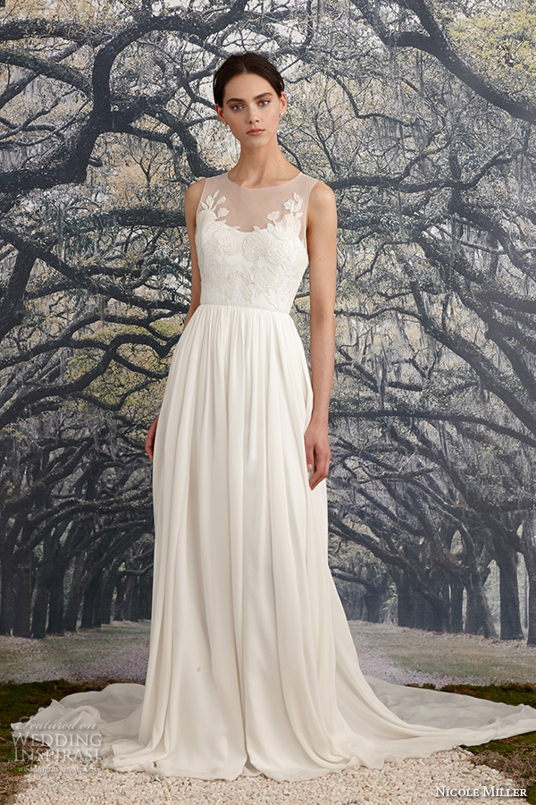 nicole miller spring 2016 bridal scoop neckline sleeveless flora embroidered sheath wedding dress savannah