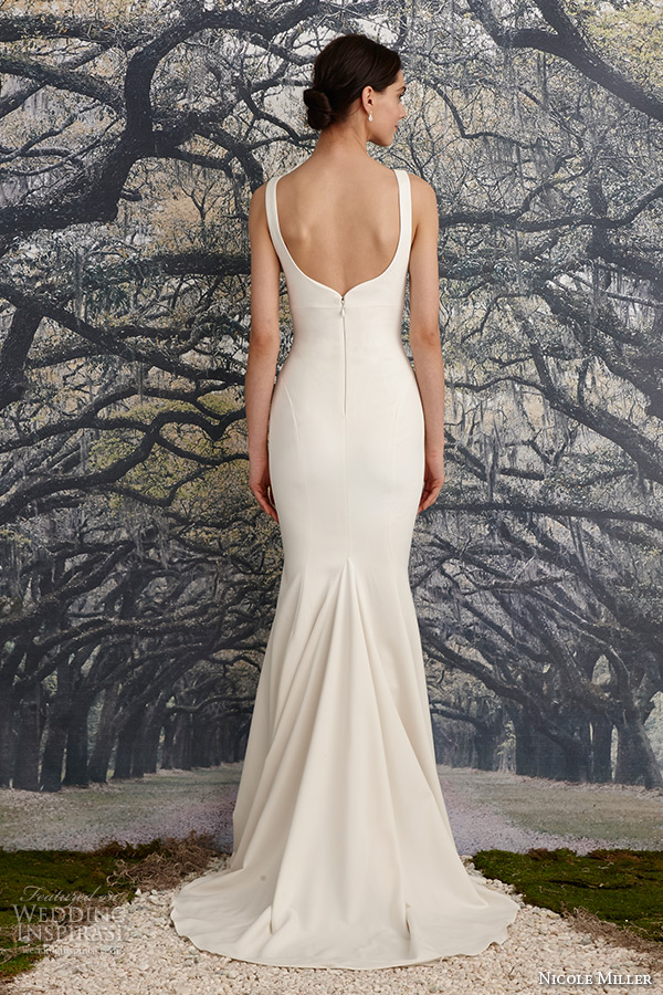 nicole miller spring 2016 bridal sleeveless strap stretch twill sheath wedding dress abigiail back