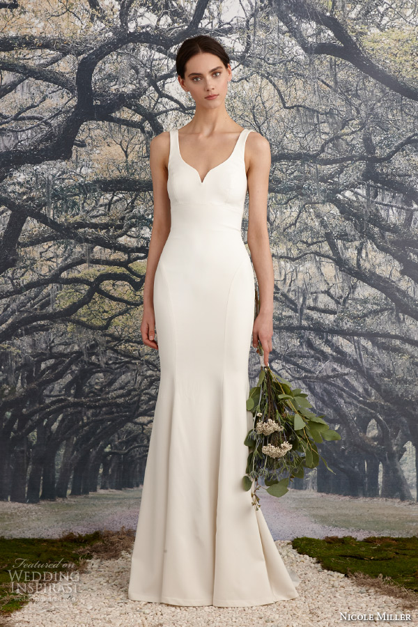 nicole miller spring 2016 bridal sleeveless strap stretch twill sheath wedding dress abigiail