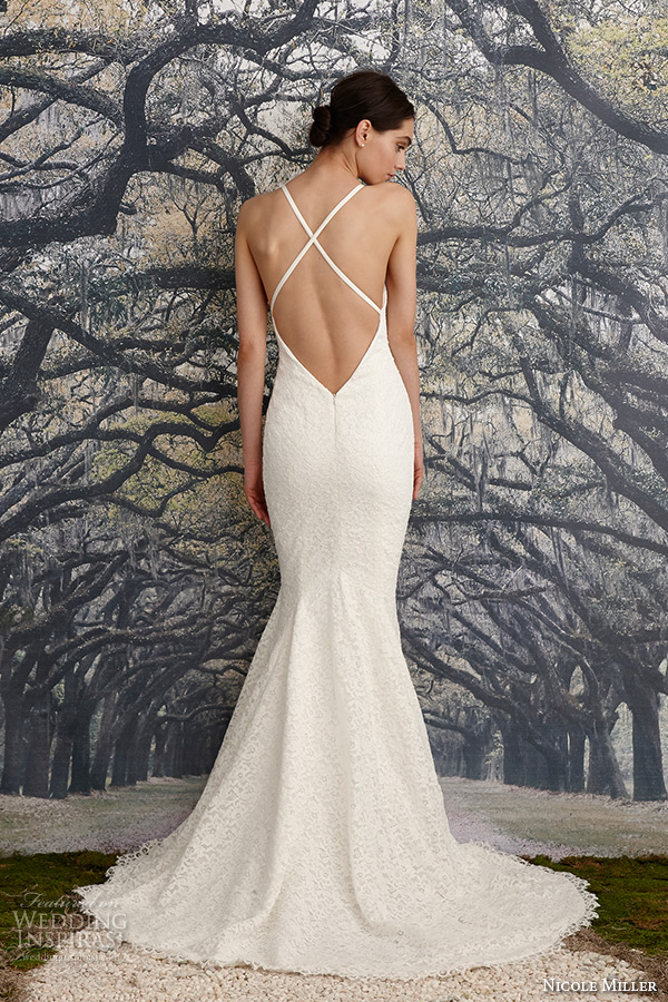 nicole miller spring 2016 bridal spagetti strap floral corded fit to flare mermaid wedding dress violet back