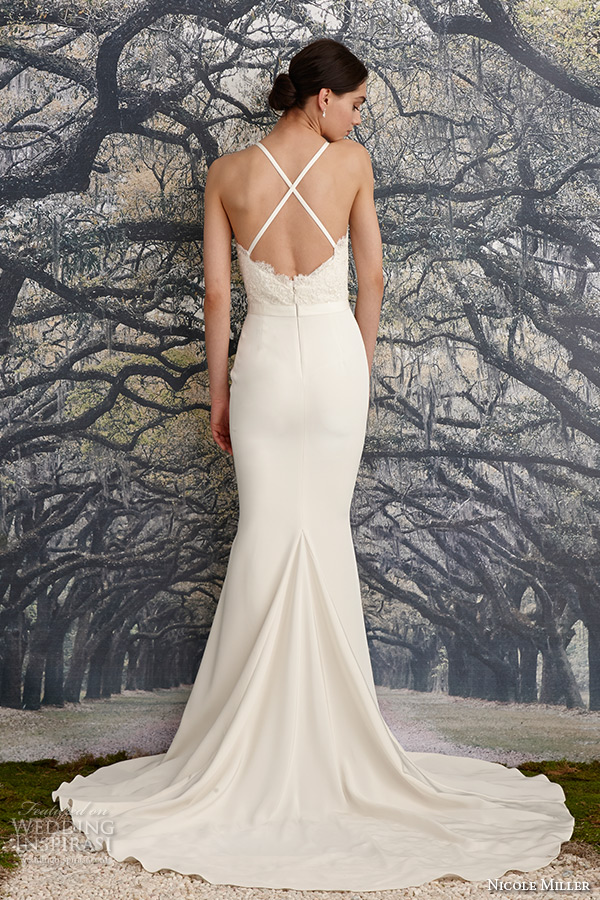 nicole miller spring 2016 bridal spagetti strap scalloped v neckline beaded corded lace sheath wedding dress blake back