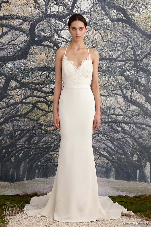 nicole miller spring 2016 bridal spagetti strap scalloped v neckline beaded corded lace sheath wedding dress blake