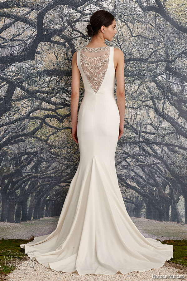 nicole miller spring 2016 bridal strap v neckline beaded corded lace sheath wedding dress jules back