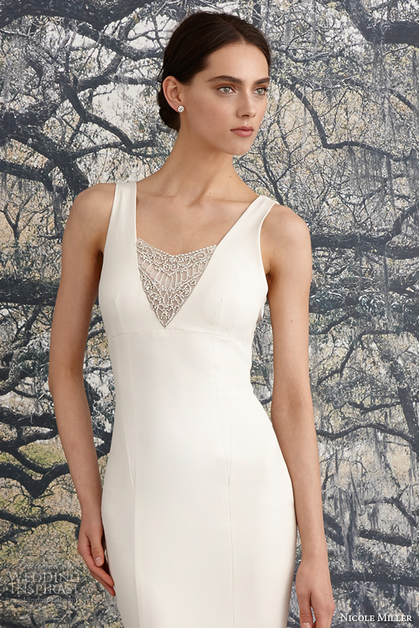 nicole miller spring 2016 bridal strap v neckline beaded corded lace sheath wedding dress jules closeup